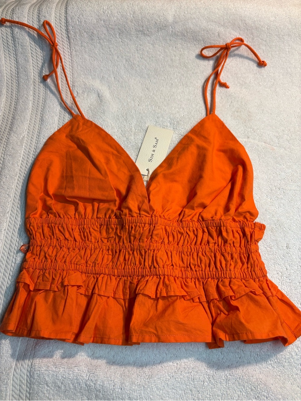 Sim & Sam Bright Orange Ruffle Smocked Cami Top